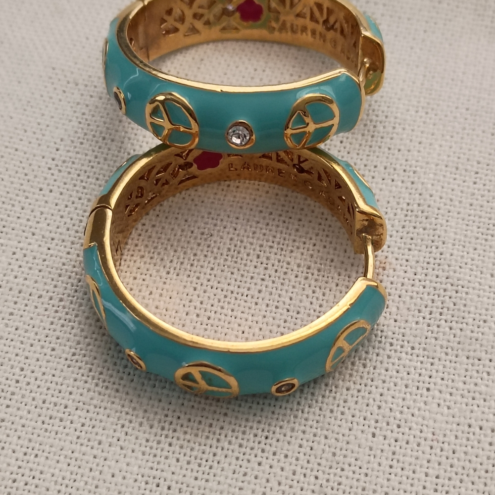 ❤️LAUREN ADAMS PEACE SIGN TURQUOISE BLUE Enamel & Gold Hoop Pierced Earrings